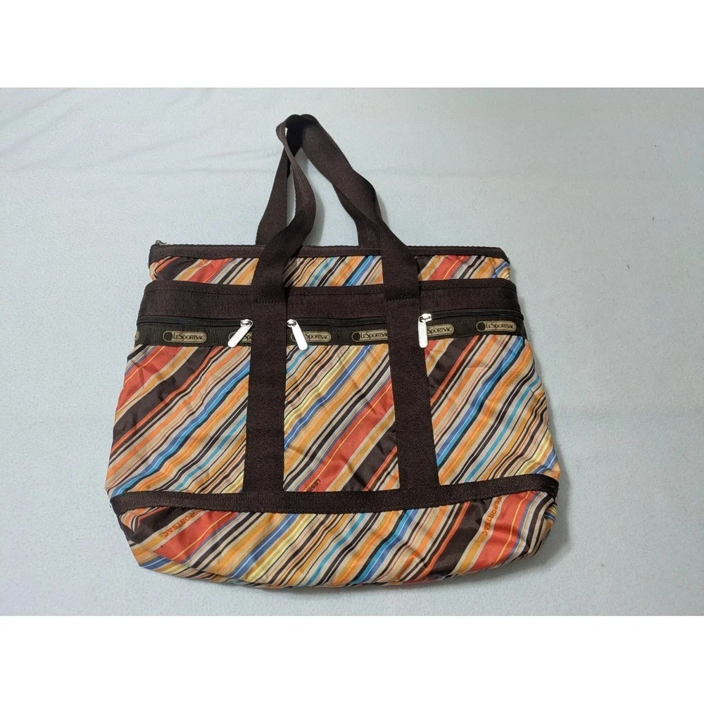 Retro LeSportsac Stripe Everyday Tote Handbag Purse + Make-up Bag‎  Brown Orange